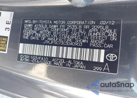 2012 Scion Tc z USA, uszkodzony, nr VIN JTKJF5C73C3040903